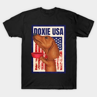 Doxie red white and blue patriot Dachshund with Red Bowl USA T-Shirt